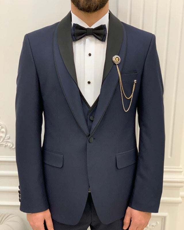 Chic Dark Navy Best Fitting Three Pieces Shawl Lapel Men Suit For Wedding