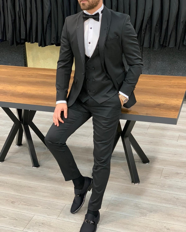 Handsome Black Slim Fit Three Pieces Shawl Lapel Wedding Men Suits