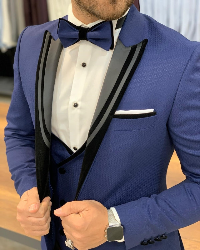 Fashion Blue Slim Fit Three Pieces Peaked Lapel Prom Men Suits