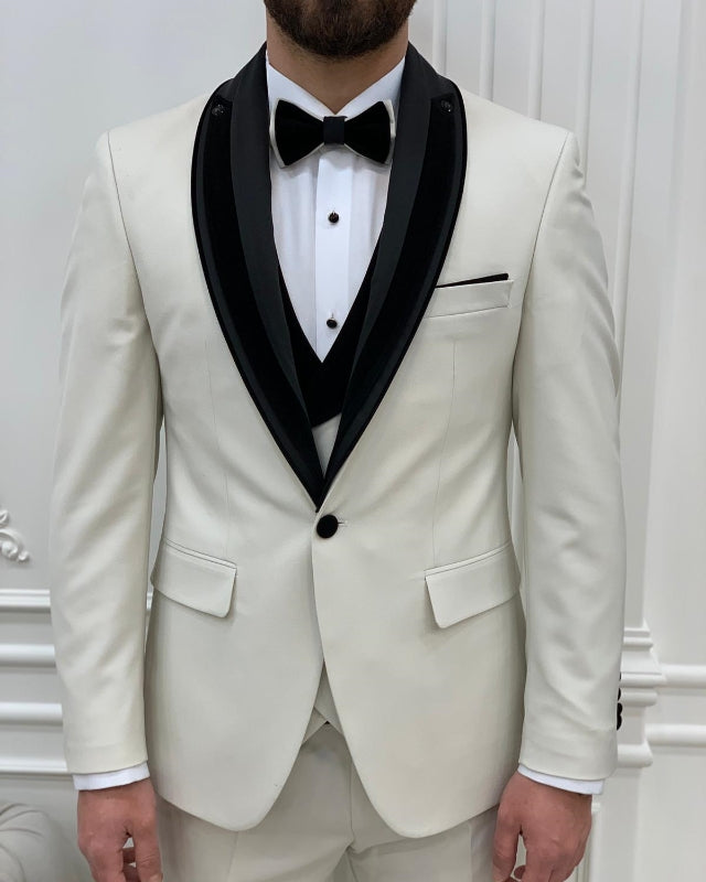 Chic White Three Pieces Wedding Men Suit With Black Shawl Lapel