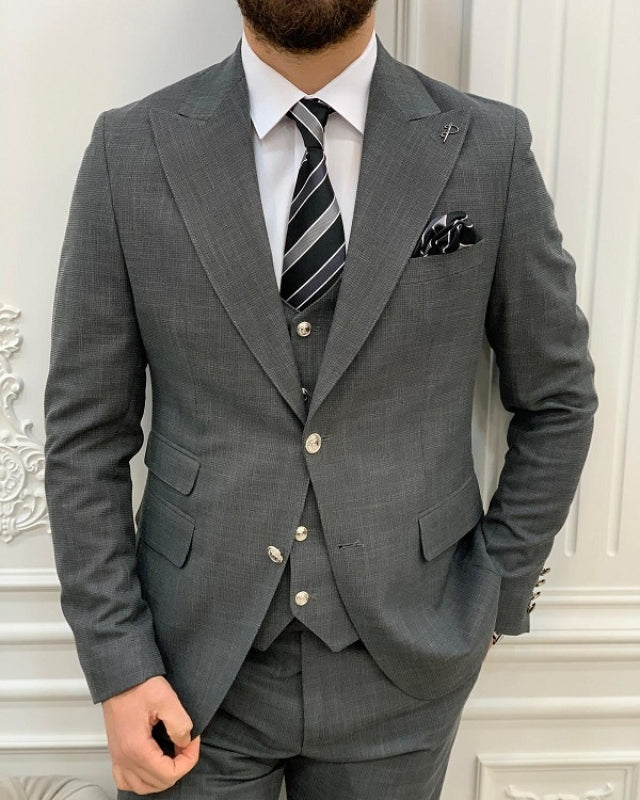 Handsome Dark Gray Slim Fit Three Pieces Peaked Lapel Business Men Suits
