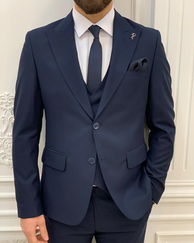 Abel Cool Dark Blue Slim Fit Three Pieces Peaked Lapel Business Men Suits