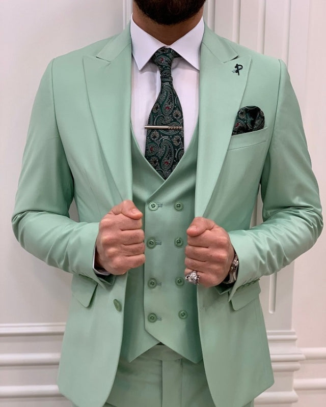 Fashion Green Slim Fit Three Pieces Peaked Lapel Prom Men Suits