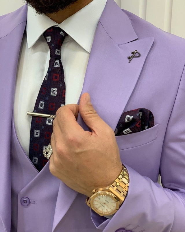 Fashion Purple Close Fitting Three Pieces Peaked Lapel Prom Men Suits