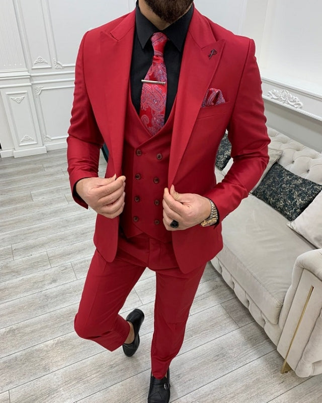 Handsome Red Slim Fit Three Pieces Peaked Lapel Prom Men Suits