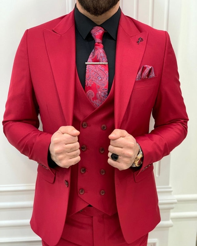 Handsome Red Slim Fit Three Pieces Peaked Lapel Prom Men Suits