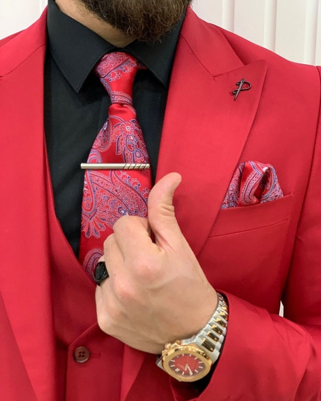 Handsome Red Slim Fit Three Pieces Peaked Lapel Prom Men Suits