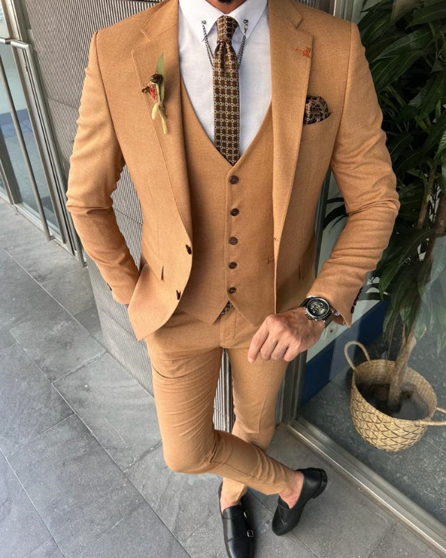 Fashion Camel Close Fitting Three pieces Notch Lapel Prom Men Suits