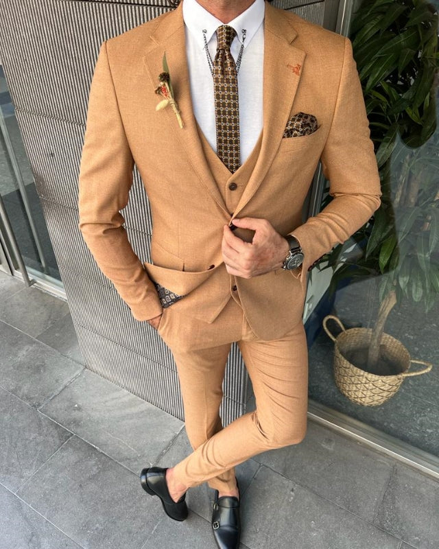 Fashion Camel Close Fitting Three pieces Notch Lapel Prom Men Suits