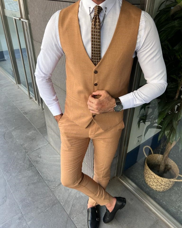 Fashion Camel Close Fitting Three pieces Notch Lapel Prom Men Suits