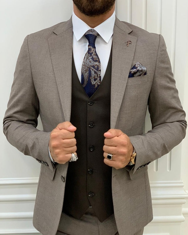 Handsome Coffee Slim Fit Three pieces Notch Lapel Business Men Suits