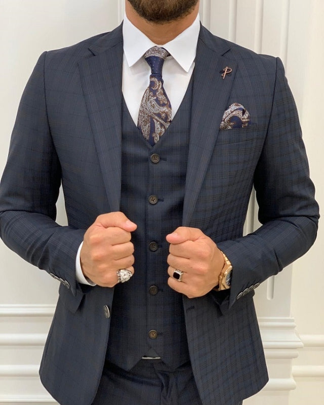 Newest Black Plaid Best Fitting three pieces Notch Lapel Business Men Suits