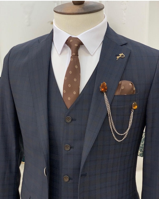 Newest Black Plaid Best Fitting three pieces Notch Lapel Business Men Suits