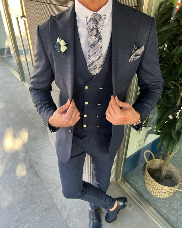 Abdul Handsome Dark Blue Best Fitting Three pieces Peaked Lapel Business Men Suits