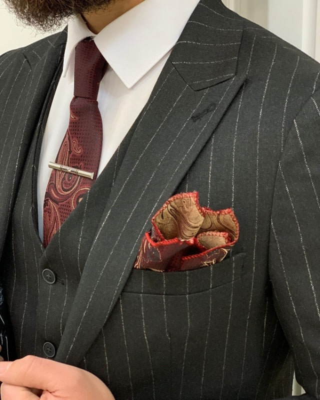 Abner Newest Black Striped Slim Fit three Pieces Peaked Lapel Business Men Suits