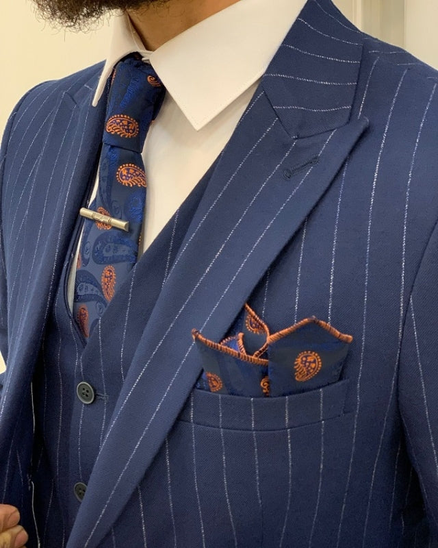 Alston Chic Blue Striped Slim Fit Three Pieces Peaked Lapel Prom Men Suits