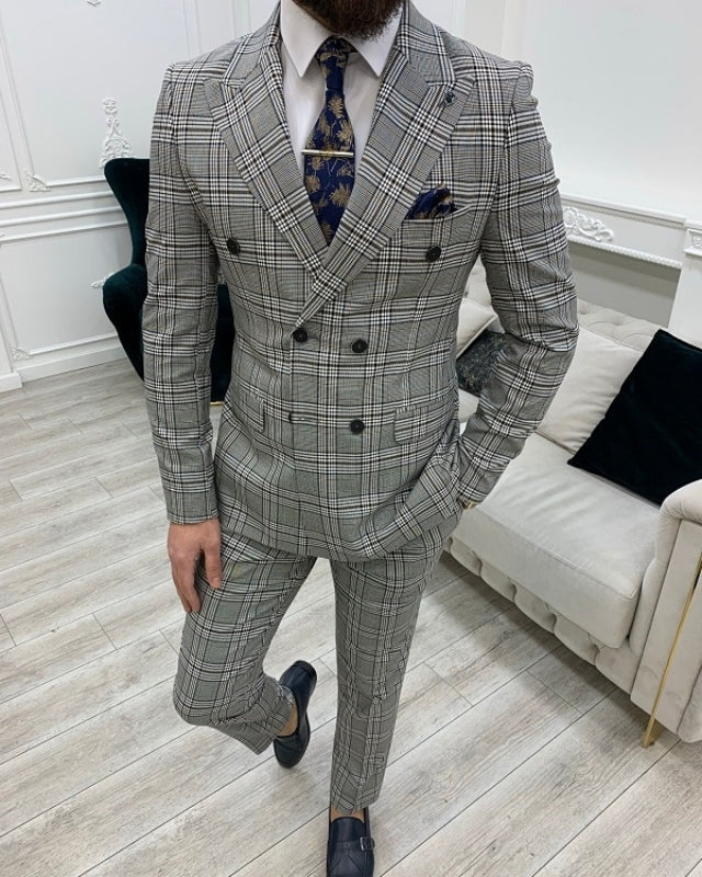 Handsome Gray Plaid Close Fitting Peaked Lapel Prom Men Suits