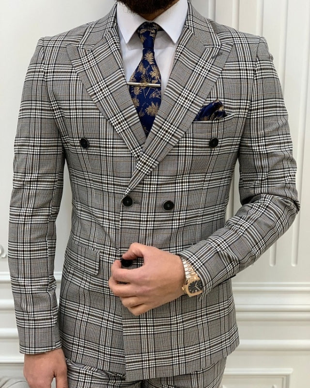 Handsome Gray Plaid Close Fitting Peaked Lapel Prom Men Suits