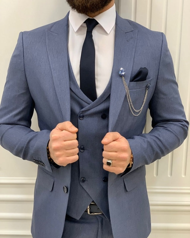 Barlow Chic Blue Slim Fit Three Pieces Peaked Lapel Business Men suits