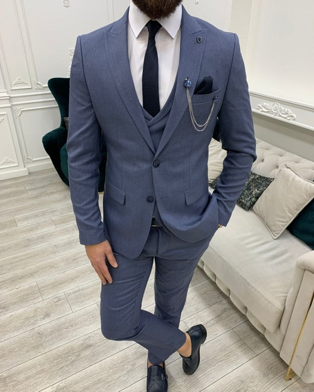 Barlow Chic Blue Slim Fit Three Pieces Peaked Lapel Business Men suits