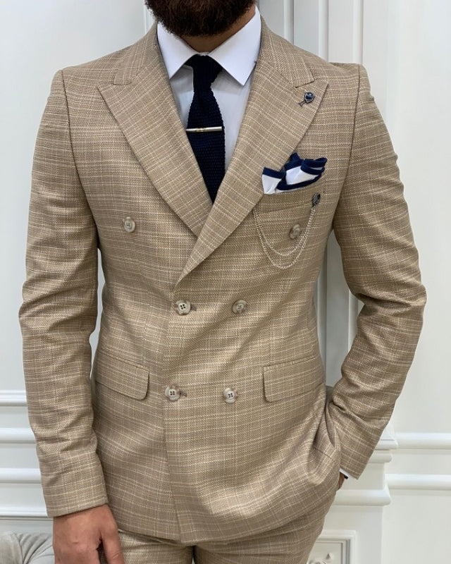Modern Khaki Plaid Double Breasted Slim Fit Two Pieces Peaked Lapel Prom Men Suits