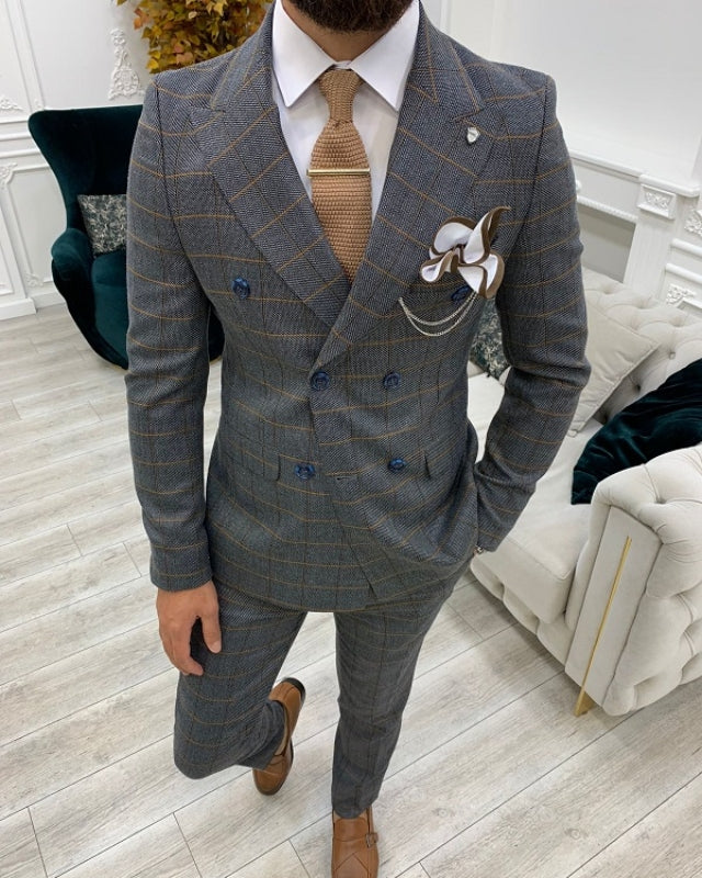 Dark Gray Plaid Double Breasted Best Fit Peaked Lapel Prom Men Suits
