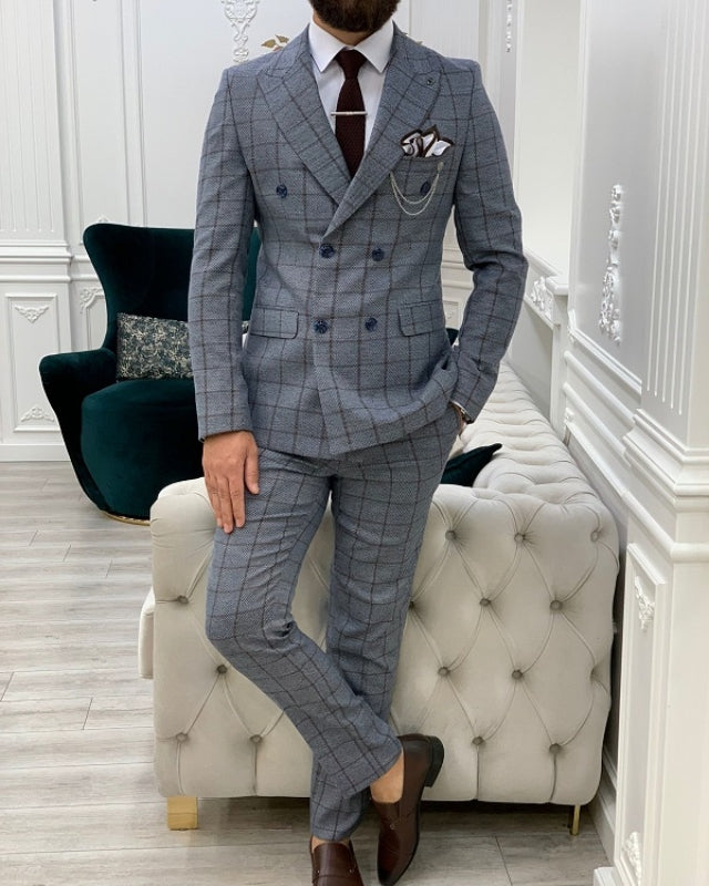 Amber Modern Blue Plaid Double Breasted Best Fitting Peaked Lapel Prom Men Suits