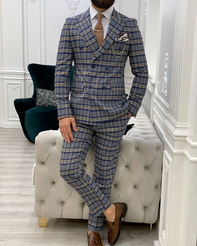 Adrian Cool Blue Plaid Double Breasted Slim Fit Peaked Lapel Prom Men Suits