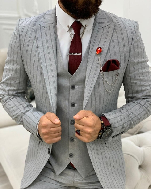 Newest Gray Striped Slim Fit Three Pieces Pieces Lapel Prom Men Suits