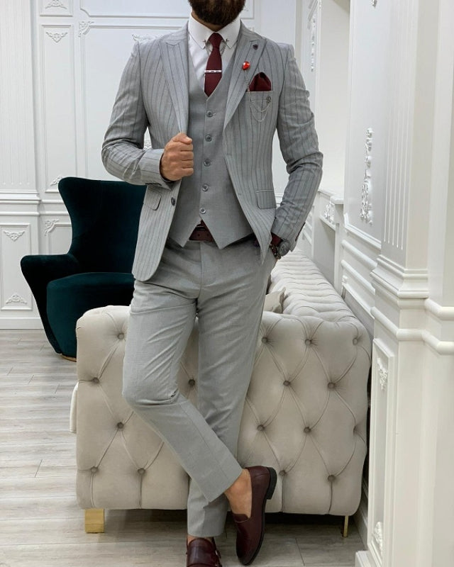 Newest Gray Striped Slim Fit Three Pieces Pieces Lapel Prom Men Suits