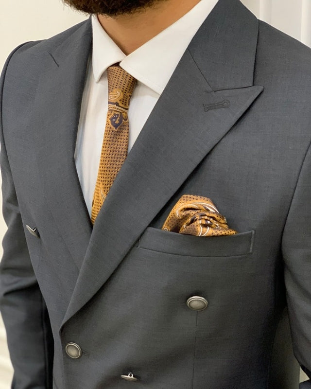 Newest Dark Gray Double Breasted Slim Fit Peaked Lapel Business Men Suits