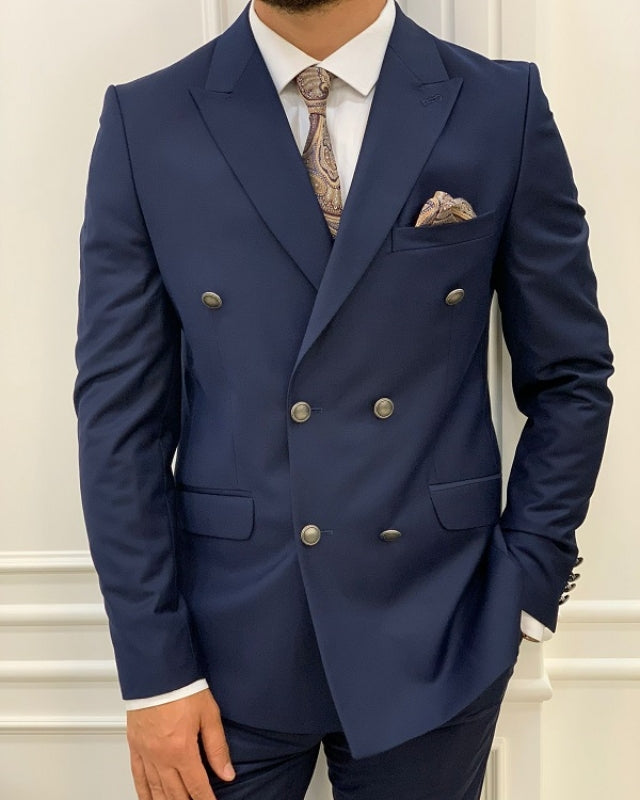 Newest Dark Blue Double Breasted Slim Fit Peaked Lapel Business Men Suits