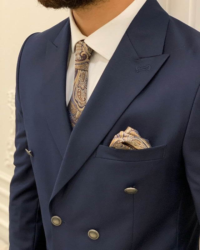 Newest Dark Blue Double Breasted Slim Fit Peaked Lapel Business Men Suits