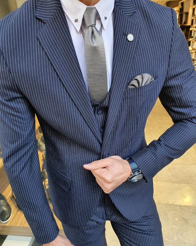 Handsome Dark Blue Striped Best Fitting Three Pieces Notch Lapel Business Men Suits