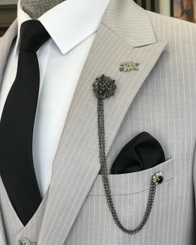 Bartley Chic Light Gray Peaked Lapel Striped Business Suits