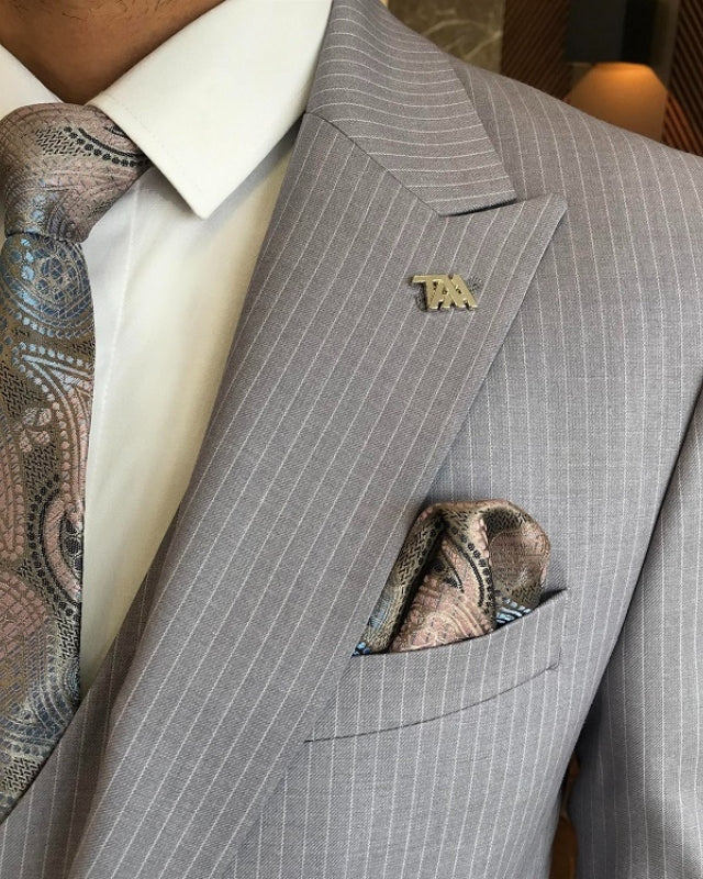 Barton Fancy Gray Striped Peaked Lapel Three Pieces Business Suits