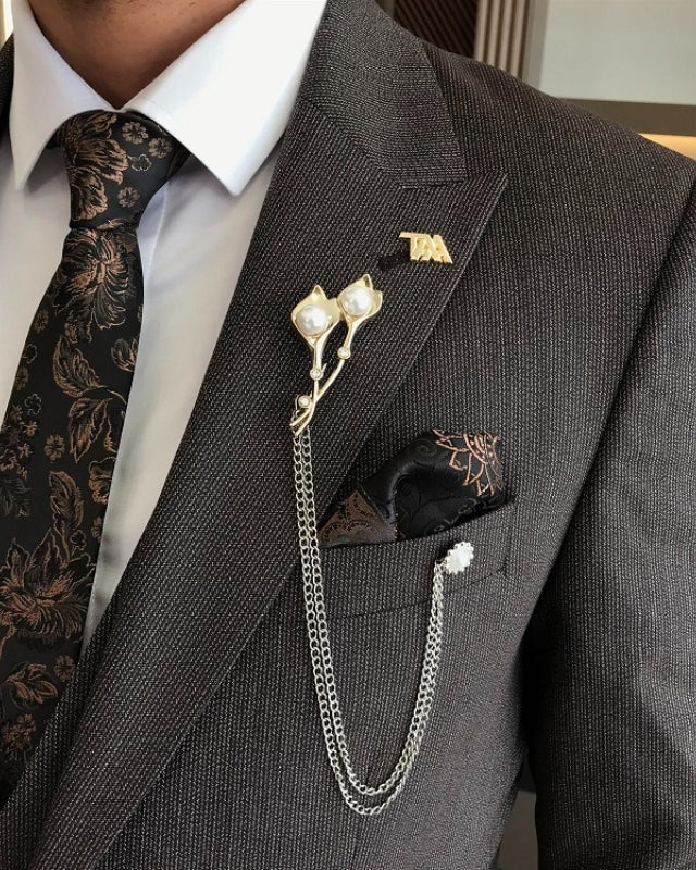Berger Bespoke Dark Gray Peaked Lapel Three Pieces Business Suits