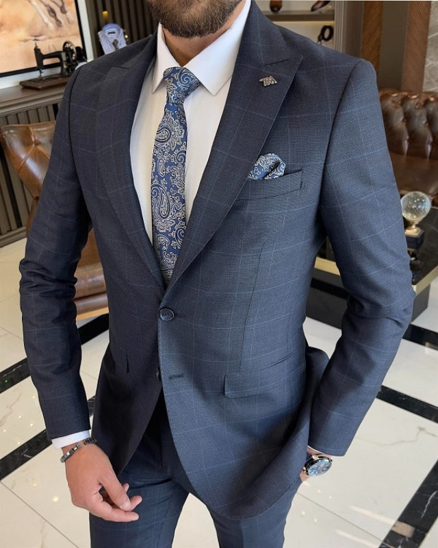 Blake Dark Navy Peaked Lapel Plaid Close Fitting Business Suits