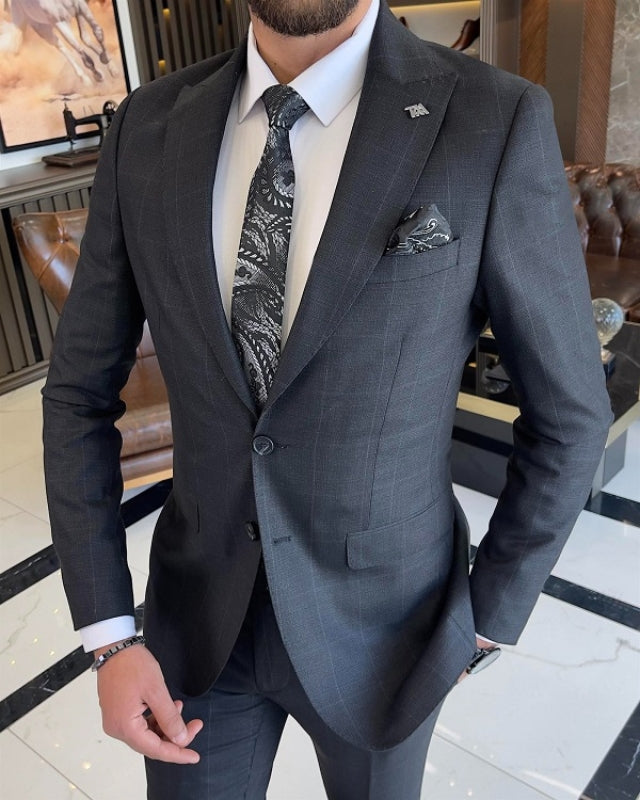 Bob Formal Black Plaid Peaked Lapel Business Suits