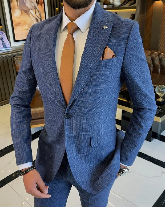 Booth Chic Dark Blue Plaid Peaked Lapel Business Suits