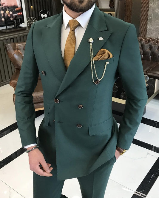 Fashion Dark Green Double Breasted Close Fitting Peaked Lapel Business Suits