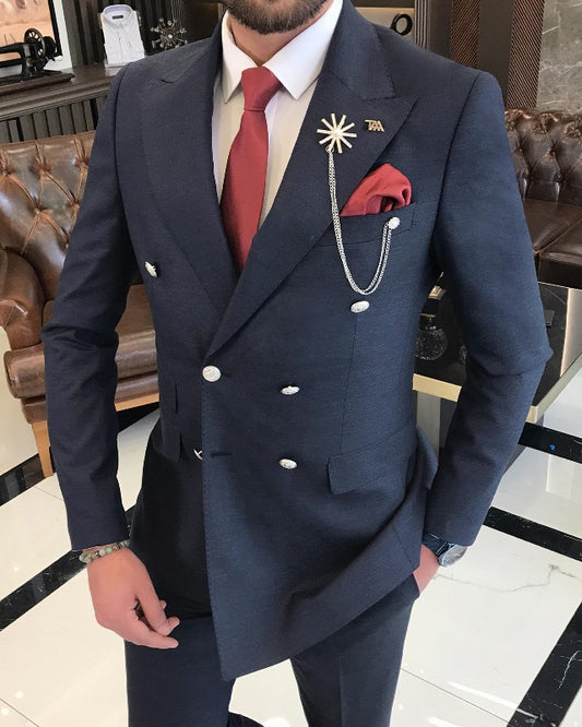 Newest Dark Navy Double Breasted Slim Fit peaked Lapel Business Men Suits