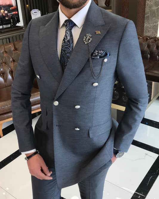Chic Dark Gray Double Breasted Best Fitting Peaked Lapel Business Men Suits