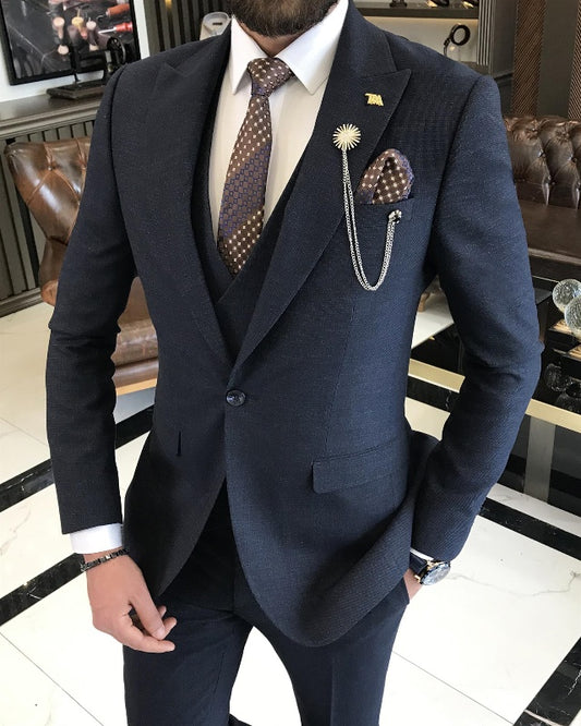 Cool Nark Blue Best Fitting Three Pieces Peaked Lapel Business Men Suits