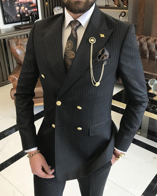 Classic Black Double Breasted Striped Slim Fit Peaked Lapel Business Men Suits