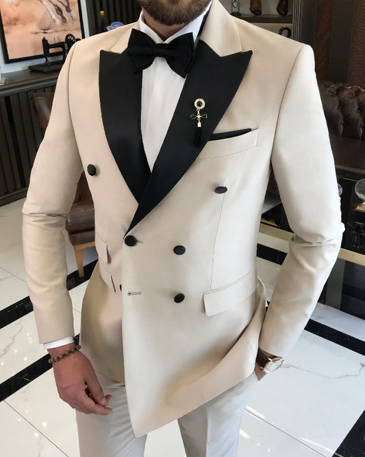 Classic Bespoke Off White Double Breasted Slim Fit Men Suite For Prom