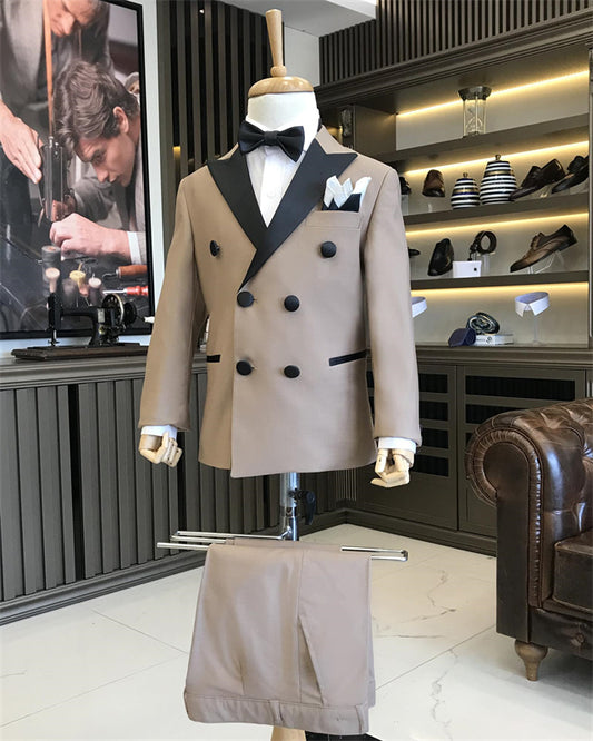 Bespoke Khaki Peaked Lapel Double Breasted Two Pieces Boys Suits