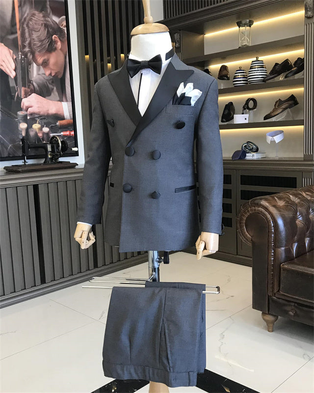 Chic Dark Gray Peaked Lapel Double Breasted Boys Suits