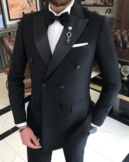 Newest Black Double Breasted Best Fitting Peaked Lapel Business Men Suits
