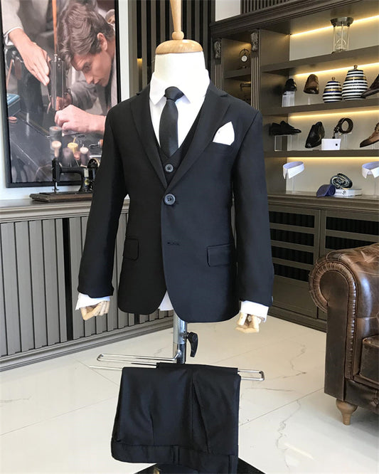 Modern Black Notched Lapel Three Pieces Boys Suits